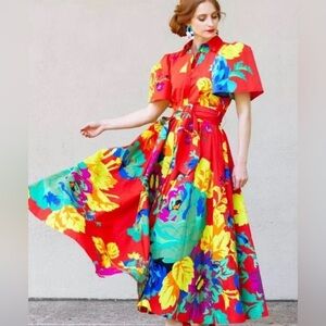 Christopher John Roger’s Floral Puff Sleeve Pleated Maxi Dress with Belt